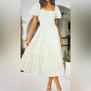 ZESICA Women's Square Neck Short Puff Sleeve Solid Color Smocked A-Line Midi Sz